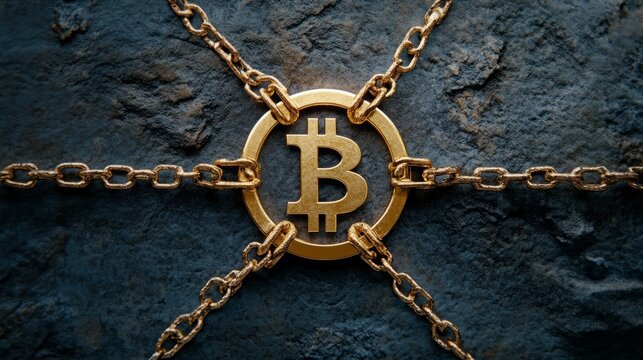 A golden Bitcoin symbol is held captive by chains on a dark, rough surface, representing the potential limitations or constraints of cryptocurrency.