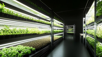 Fototapeta premium Indoor Vertical Farming with LED Lights for Sustainable and Efficient Crop Production in Urban Environments