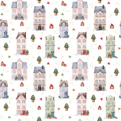 Fototapeta premium Seamless pattern with European traditional houses on white background. Christmas, winter, new year. Snow-covered city buildings decorated for the holiday. Hand drawn watercolor illustration.