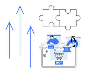 Arrows pointing upward, puzzle pieces, and online shopping icons with cashback and discount visuals. Ideal for e-commerce, business growth, strategy, marketing, sales, online shopping digital