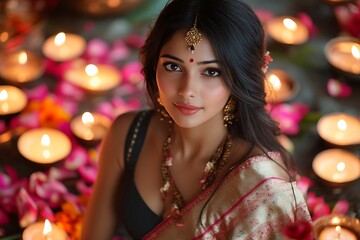 Fototapeta premium Woman in Golden Sari with Candlelight and Soft Eyes