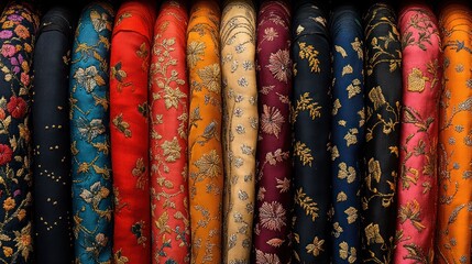 A row of colorful embroidered fabrics with floral patterns.