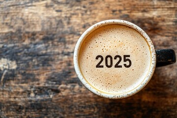 Cup of hot coffee with number 2025, Happy New Year