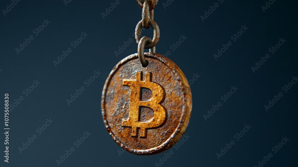 Poster a rusty bitcoin coin hangs from a chain against a dark blue background. the coin is worn and weather