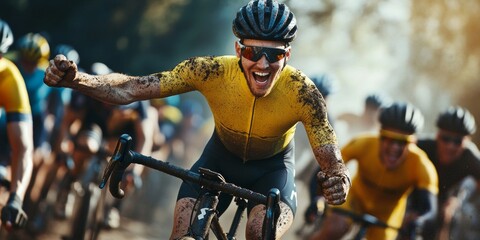 A passionate cyclist celebrates victory in a muddy race. The vibrant yellow jersey stands out against the blurred background of fellow competitors. This dynamic action shot captures 