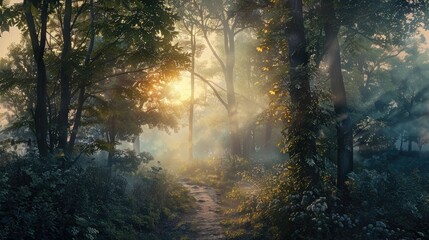 Obraz premium Golden hour forest landscape basking in warm and soft sunlight