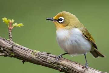 Fototapeta premium Close-up of a Japanese White-eye perched on a branch, highlighting its vibrant yellow-green plumage and distinct eye ring with a soft green blurred background.