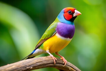 A vibrant Gouldian Finch resting on a textured branch, showcasing its colorful feathers in green, yellow, red, and purple, with a blurred lush green background.
