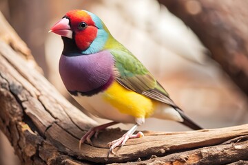 Fototapeta premium Vibrant Gouldian Finch perched on rustic wood, its striking multicolored plumage in purple, yellow, green, and red creating a vivid contrast against a soft-focus tropical background.