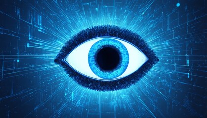 A digital eye with glowing blue lines emanating from it, representing digital surveillance or the interconnectedness of the digital world.