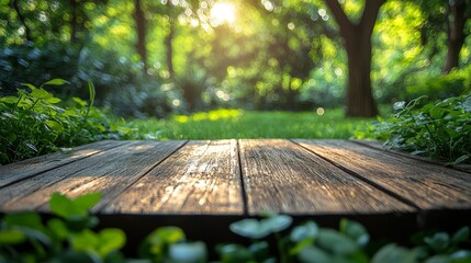 A serene wooden pathway leading into a lush, sunlit forest.
