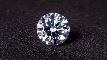 A single, round brilliant cut diamond on a black background.