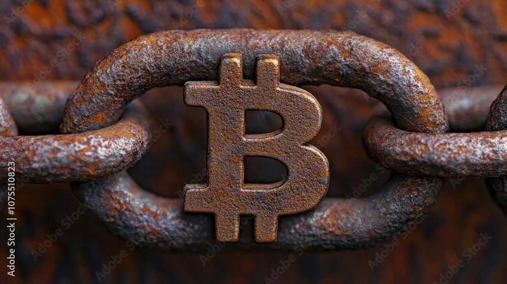 Poster a close-up shot of a rusty chain with a bitcoin symbol in the center, emphasizing the concept of sec