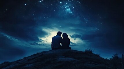 A couple sits on a hilltop under a starry night sky, gazing into each other's eyes.