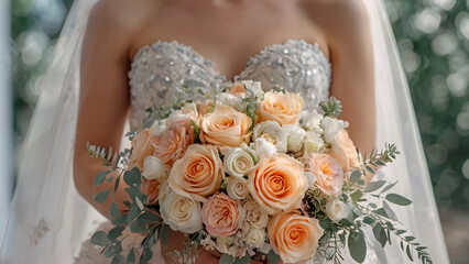 Bride Holding Pastel Rose Bouquet. Close up of a bride in lace dress holding a pastel - colored bouquet with roses, blue flowers, and greenery in natural light.
