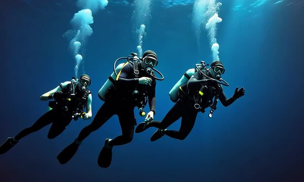 divers in the ocean, underwater sport active recreation in the deep ocean. Group of divers depth bubbles dive