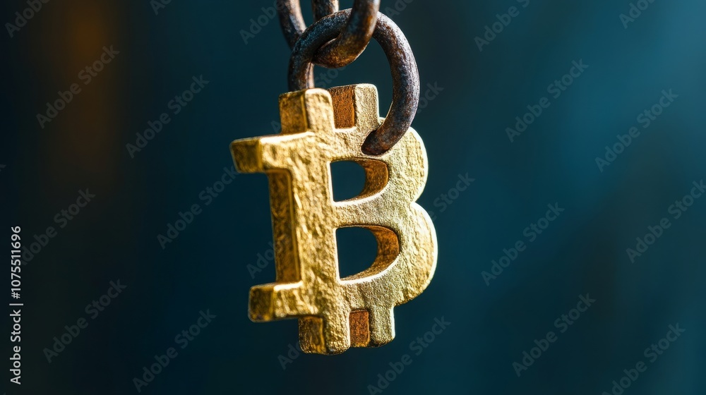 Poster a close-up shot of a gold bitcoin symbol hanging from a rusty chain. the symbol is a reminder of the