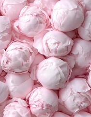 A pile of pink peonies in the shape of large white spheres, a very detailed photograph with a pastel aesthetic
