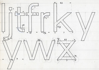 Handzeichnung TZ Schriftentwurf serifenlose Kleinbuchstaben aus dem ABC