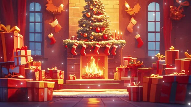 Cozy holiday atmosphere with beautifully decorated Christmas tree and glowing fireplace stream overlay seamless loop Vtuber streamer asset twitch zoom OBS screen animated wallpaper virtual backgrounds