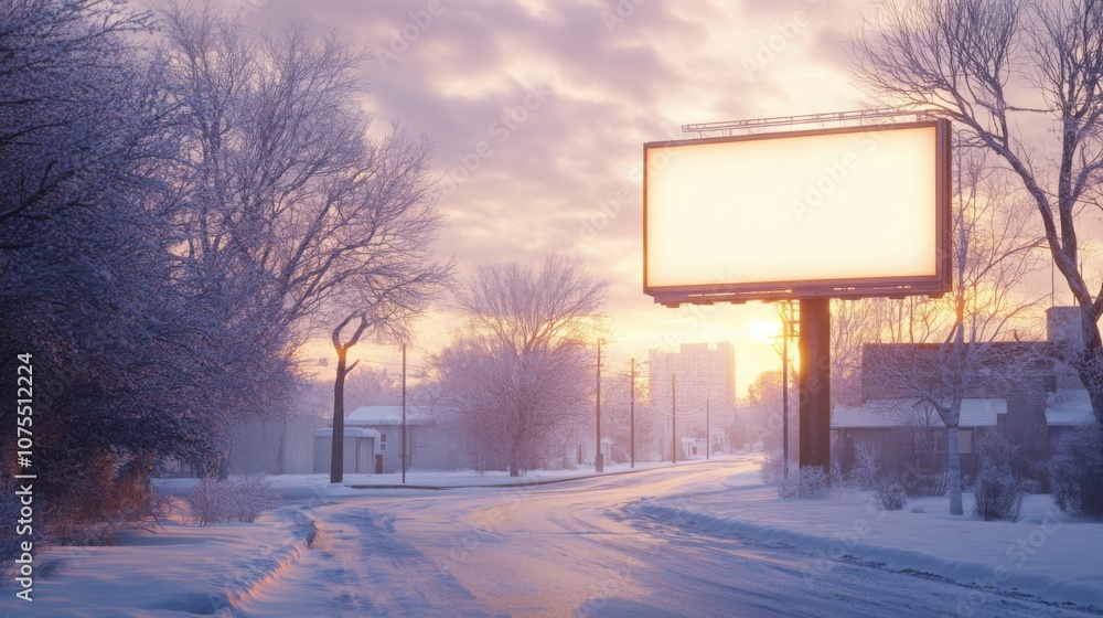 Poster a serene winter evening unfolds with a soft sunset casting warm hues over a snow-covered street. a b