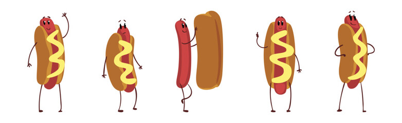 Funny Hot Dog Character with Face Different Activity Vector Set