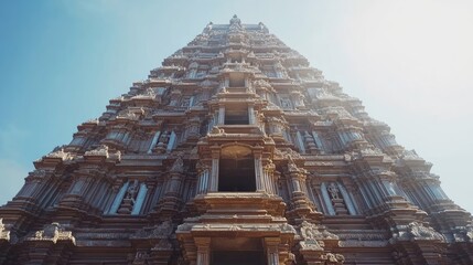 A towering Hindu temple, intricate carvings adorning its facade. The sunlight bathes the structure in a warm glow.