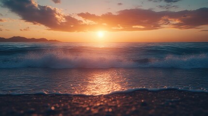 A beautiful sunset over the ocean with waves crashing on the shore.