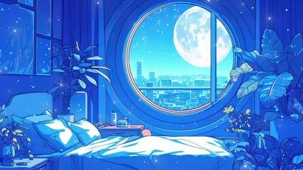A tranquil night in a cozy, illuminated bedroom with a stunning moonlit skyline view stream overlay seamless loop Vtuber streamer asset twitch zoom OBS screen animated wallpaper virtual backgrounds