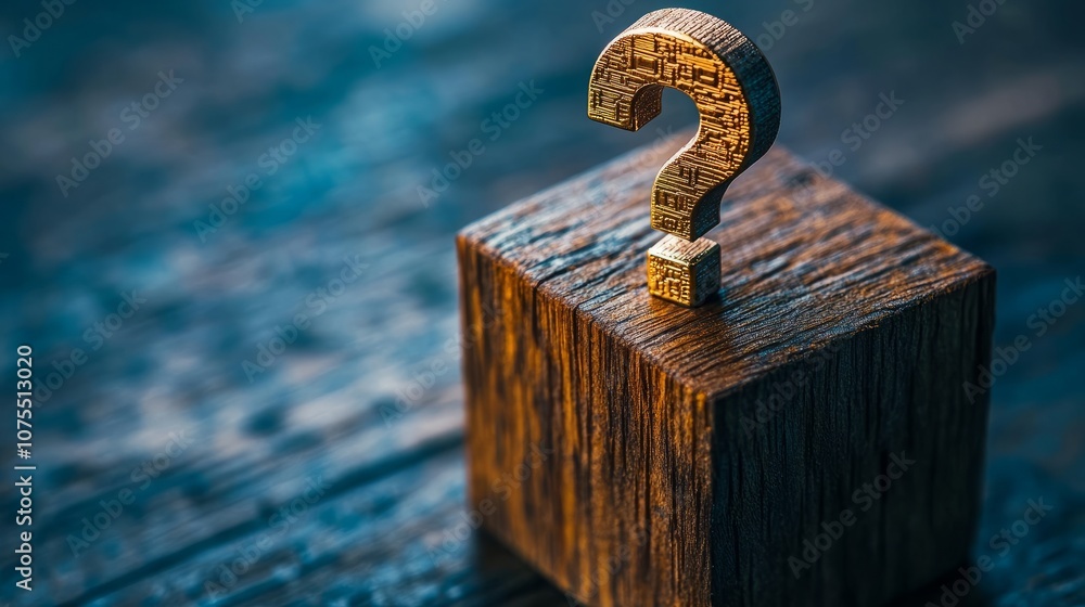 Poster a golden question mark sits atop a wooden block, creating a visual representation of uncertainty and