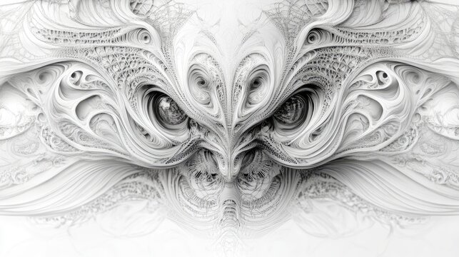 Abstract white and grey pattern resembling a face with two eyes.