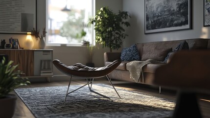 A modern living room with a brown leather ottoman in the center of the room, a brown leather sofa, and a houseplant in the corner.