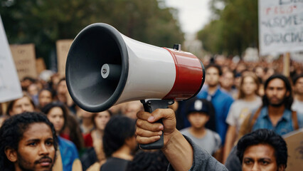 A hand holds a red and white megaphone in front of a blurred crowd of people, suggesting a protest or rally