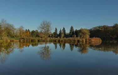 Lake with symetrical reflections of trees in the water