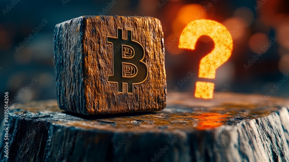 Poster a wooden block with a bitcoin symbol sits on a tree stump, with a fiery question mark hovering behin