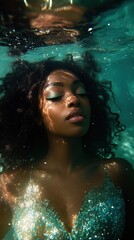Tranquil underwater beauty portrait of a black woman in sunlit water
