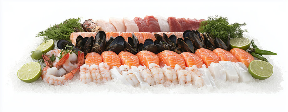 Banner of Fresh Fish and Seafood on Ice with Salmon, Red Caviar, Cod, Mussels, Oysters, Clams, and Shrimp on White Background with Copy Space