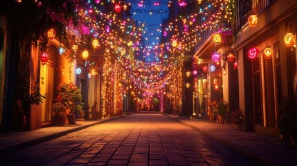Obraz premium A narrow street lined with brightly colored string lights at night. The street is lined with buildings, and there are plants in pots on the sidewalks.