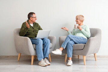 Senior couple with laptop and cup of tea sitting in armchairs and talking near white wall