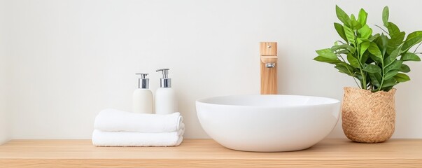 Fototapeta premium Stylish and Serene Bathroom Setup Featuring White Bowl Sink, Soft Towels, Elegant Soap Dispensers, and Fresh Green Plant Arranged on Natural Wood Countertop