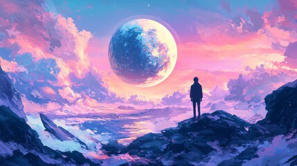 Surreal landscape of a lone figure gazing at a massive celestial body in a colorful, dreamlike sky filled with pink and purple clouds over an expansive mountain terrain.