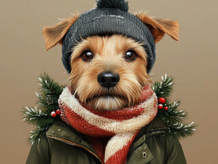 Festive Tenterfield Terrier wearing a cozy winter hat and scarf, with a jacket and Christmas tree background, styled in olive green, brown, and beige Christmas tones.