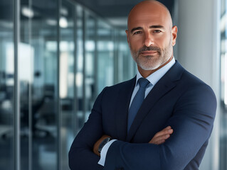 Fototapeta premium Business professional in formal suit, standing with crossed arms in a modern glass-walled office, showing confidence and pride.