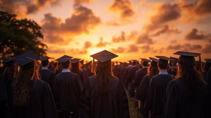 Graduation ceremony at sunset with students in caps and gowns facing the horizon, symbolizing accomplishment, transition, and hope for the future in a scenic outdoor setting.