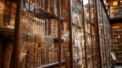 Obraz premium Antique Library with Wooden Shelves and Old Books