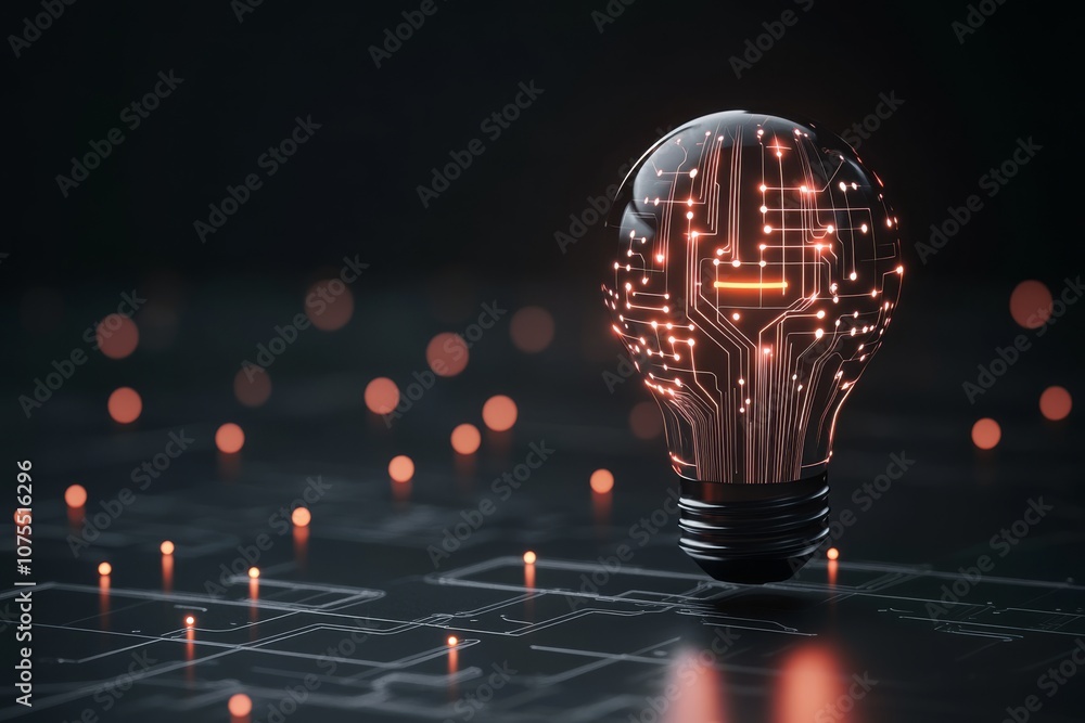 Poster this illuminated light bulb features an intricate microcircuit design on a dark backdrop, showcasing