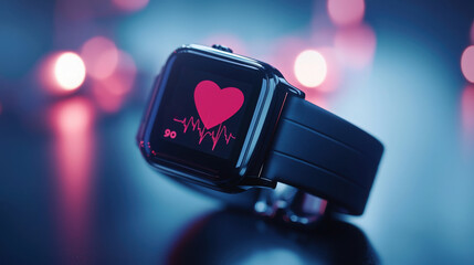 A sleek black smartwatch displaying heart rate data against a vibrant backdrop