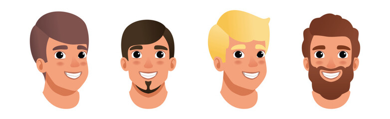 Man Smiling Face Head with Different Hairstyle Vector Set