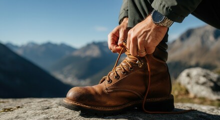 Hiker tying sturdy boots on mountain trail at sunrise