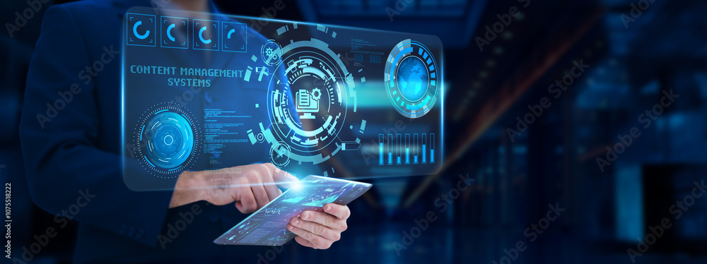 Poster content management systems: businessman analyzing and monitoring technological content management sy